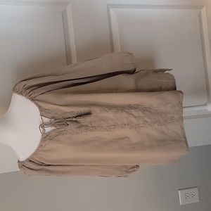 Vera Moda EUC Large Tan Blouse with 3/4 sleeves and tassel tie.